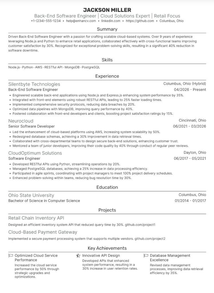 back-end software engineer resume