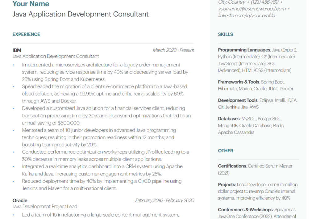 java application development consultant resume