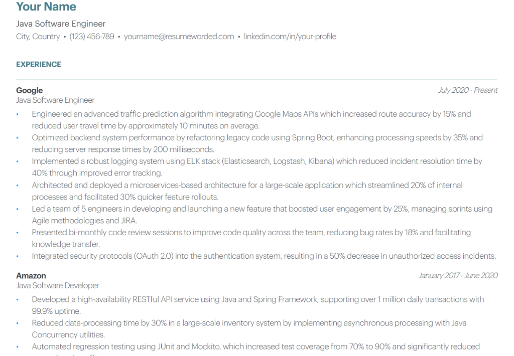 java software engineer resume