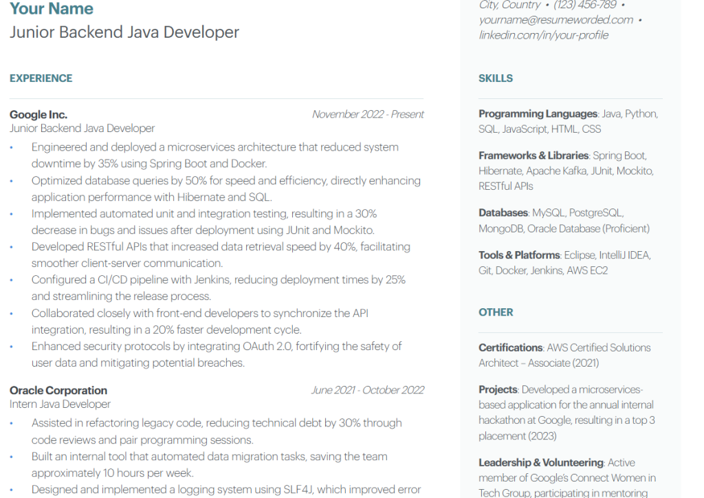 junior backend java developer resume