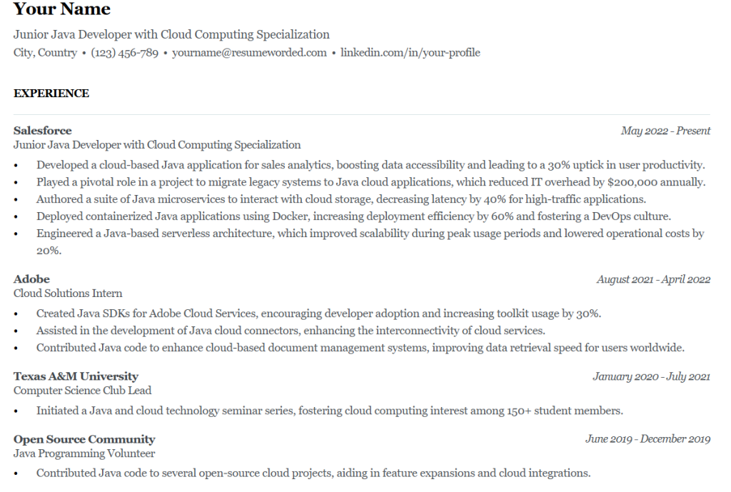 junior java developer with cloud computing specialization resume