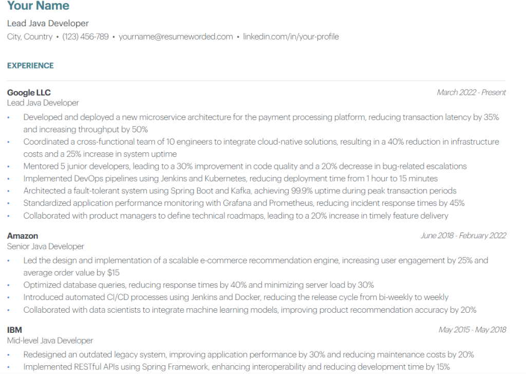 lead java developer resume