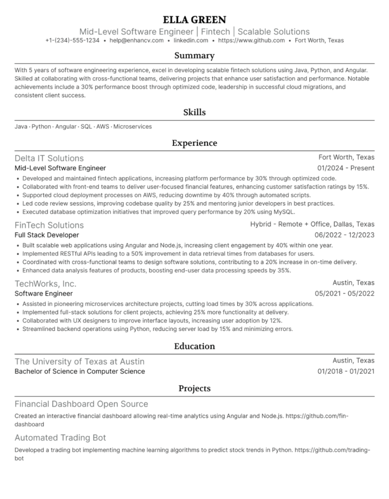 mid-level software engineer resume