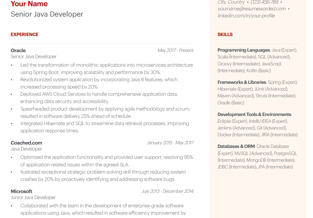 senior java developer, enterprise architecture resume