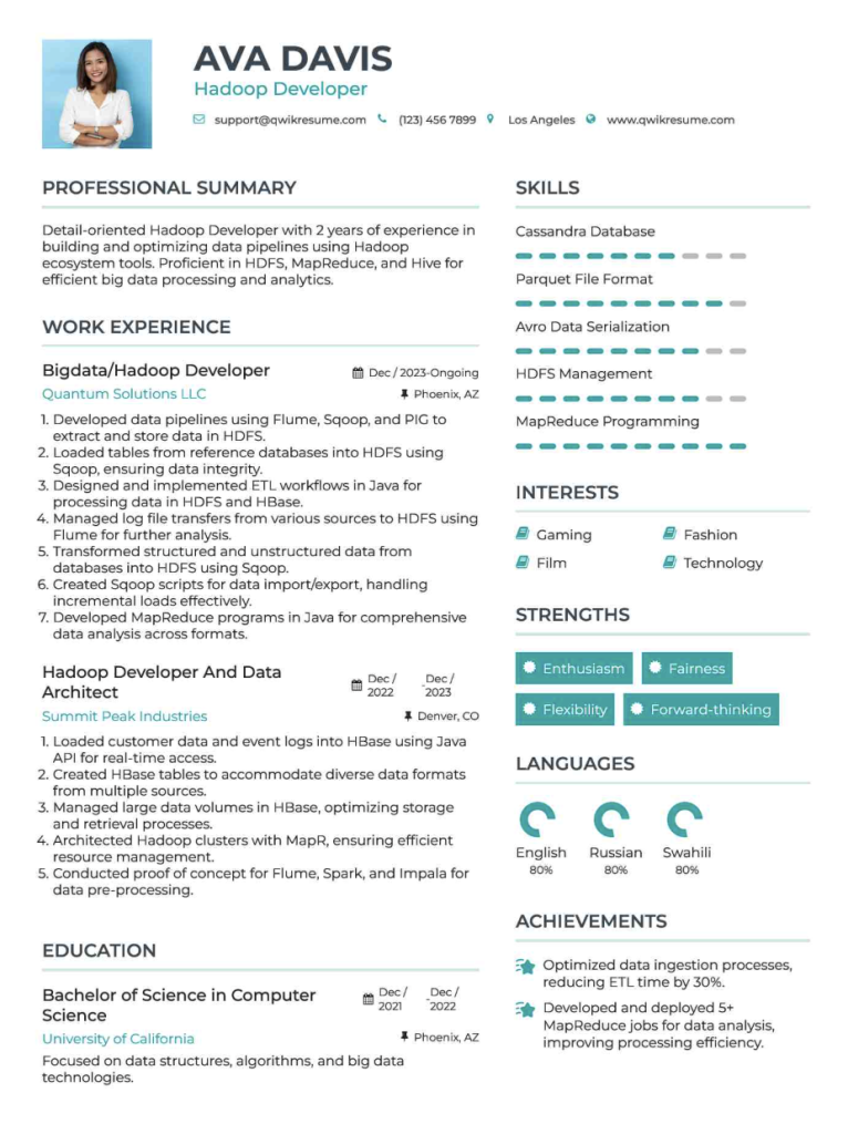 big data and hadoop engineer resume