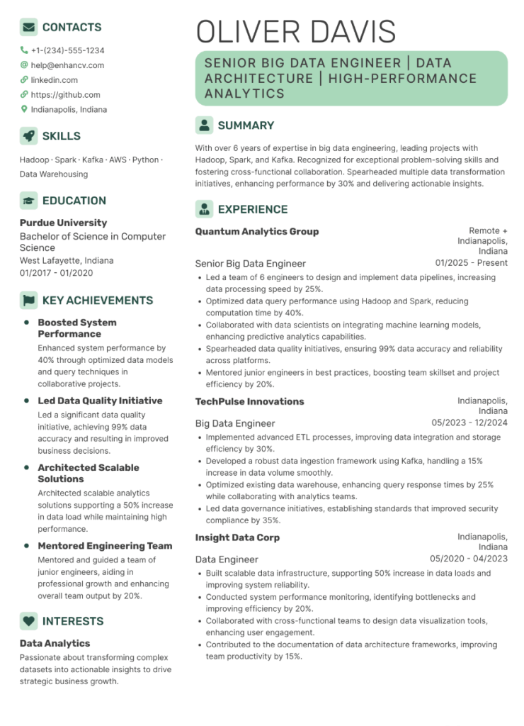 big data engineer at enhancv resume