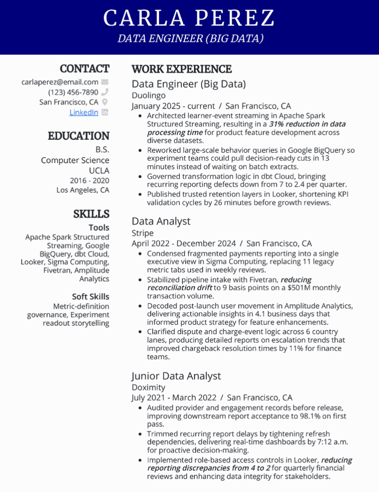 big data engineer, pipeline ownership resume