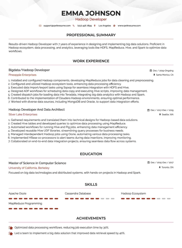 big data hadoop developer, oozie and architecture resume