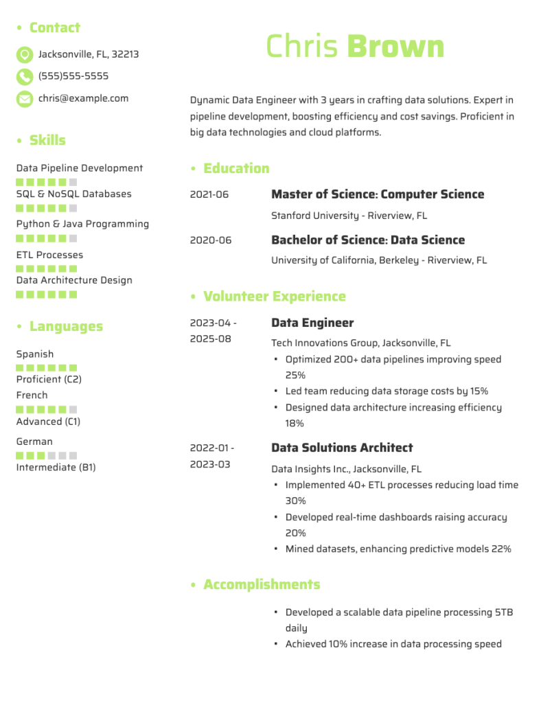 data engineer, entry-level format resume