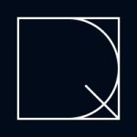 Abstract geometric logo: white square frame with a large rounded quarter-circle inside and a small diagonal corner triangle on a dark navy background.