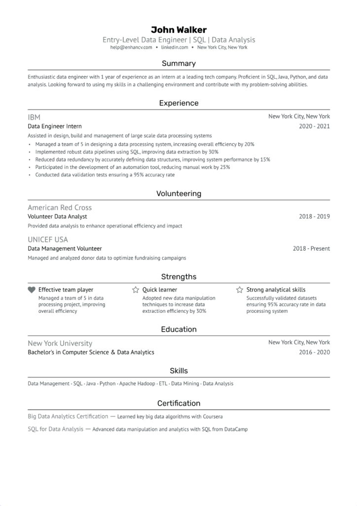 entry-level data engineer resume