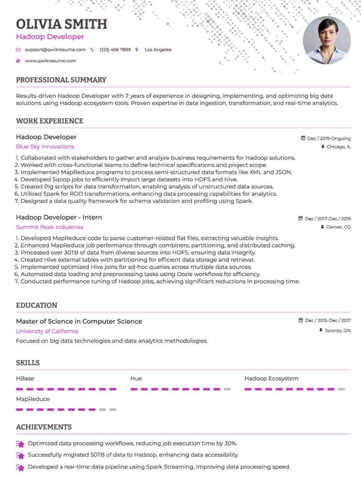 hadoop and spark developer, mid-level resume