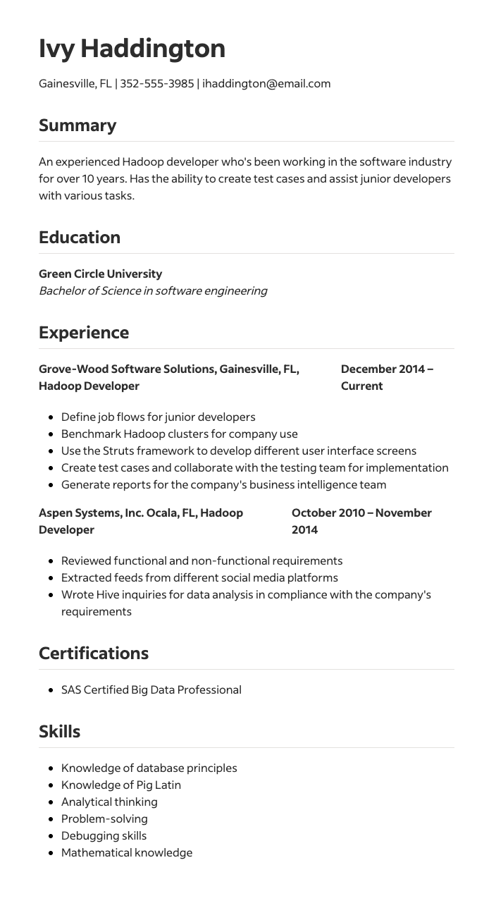 hadoop developer at indeed resume