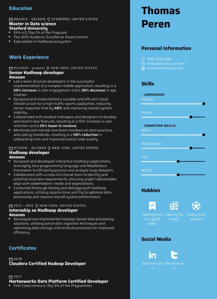 hadoop developer at kickresume resume