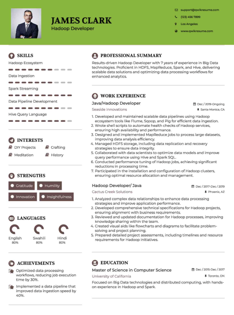 java hadoop developer, large-scale cluster work resume