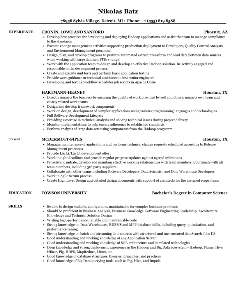 senior hadoop developer at velvetjobs resume